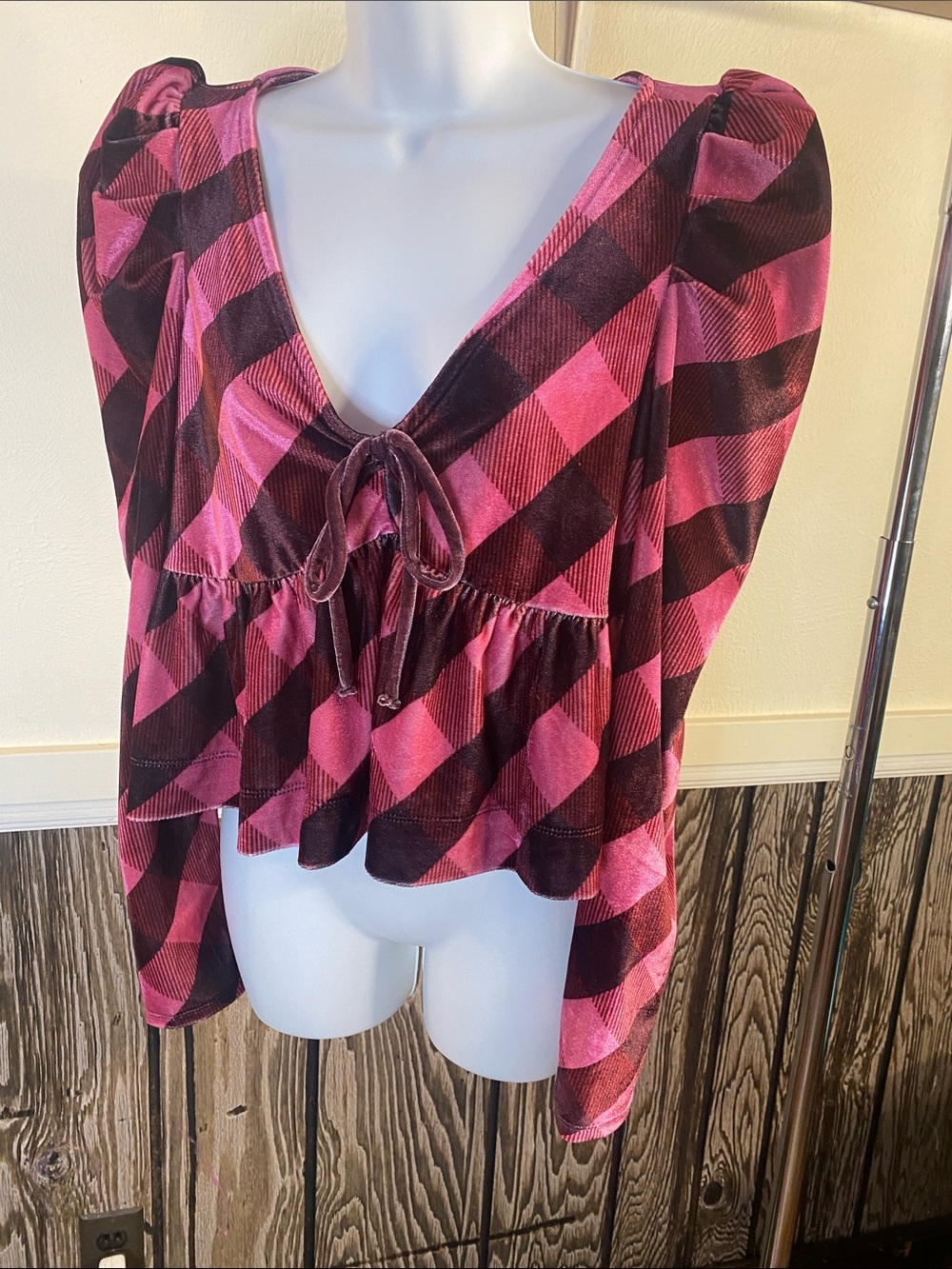 Maeve Pink and Burgundy Plaid Tie-Front Peplum Crop Top